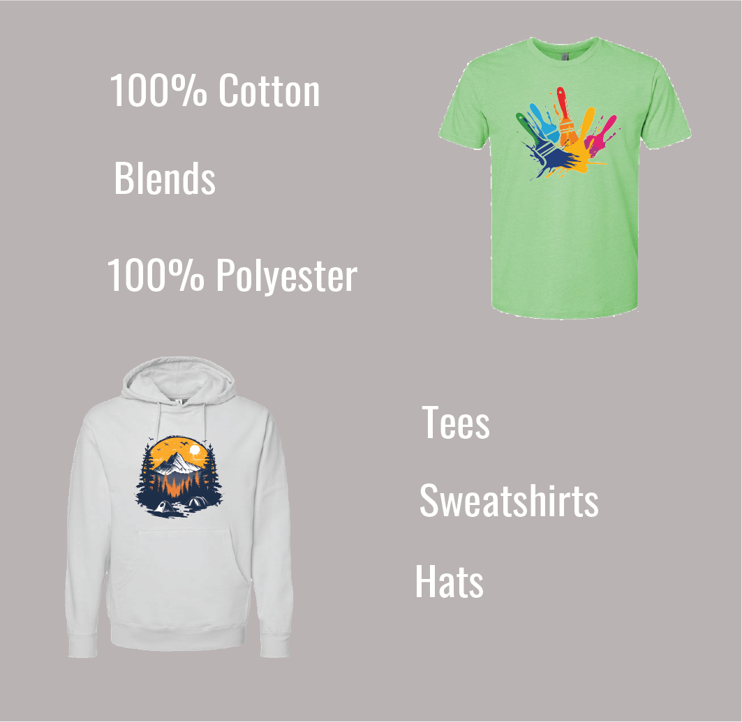 Tee and Sweatshirt with the text 100% cotton blends, 100% polyester, tees, sweatshirts, and hats