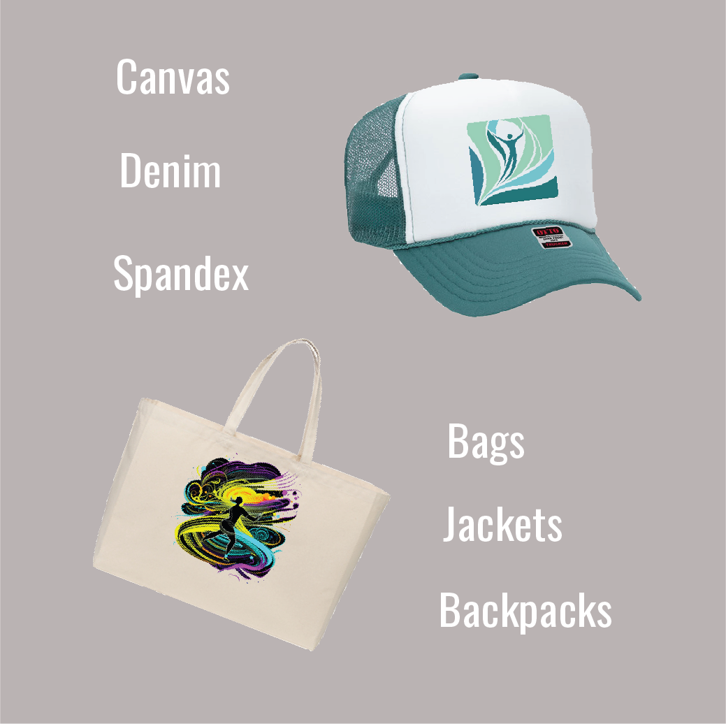 image of hat and tote bag with the text canvas, denim, spandex, bags, jackets, backpacks