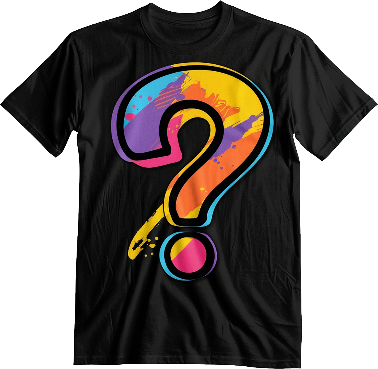 Shirt with a bright ink question mark printed on front, ai image